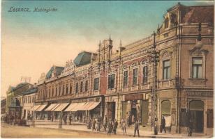 1910 Losonc, Lucenec; Kubinyi tér, Tarjányi János, Gandl Samu, Halmos, Brüll M. és gyógyszeráru kereskedés üzlete / square, shops
