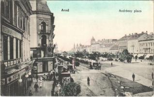 1914 Arad, Andrássy tér, Neumann M. és Deutsch testvérek üzlete / square, shops