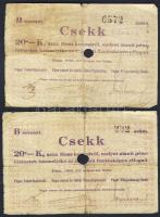 Pápa 1919. "Pápai csekk" 20K (2x) vízjeles papíron, lyukasztással érvénytelenítve T:III/IV