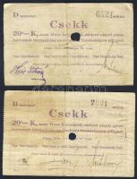 Pápa 1919. "Pápai csekk" 20K (2x) aláírás variánsok, vízjeles papíron, lyukasztással érvénytelenítve T:III-