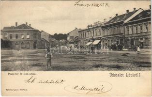 1903 Léva, Levice; Piac tér, Báti utca, üzletek / square, street, shops (EK)