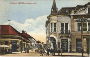 1916 Léva, Levice; Kazinczy utca, Osztrák-Magyar bank, Fonciere biztosító intézet főügynöksége, Borcsányi, Páll és Holzmann Bódog üzlete / street, bank, insurance company, shops