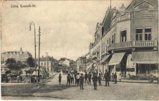 Léva, Levice; Kossuth tér, piac, Kertész Lajos és Holzmann Bódog üzlete, cukrászda, / square, market, shops, confectionery