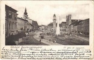 1902 Besztercebánya, Banská Bystrica; IV. Béla tér nyugatról, gyógyszertár / square, pharmacy (EK)