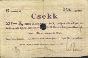 Pápa 1919. "Pápai csekk" 10K (2x), 20K (2x) lyukasztással érvénytelenítve T:III,III/IV