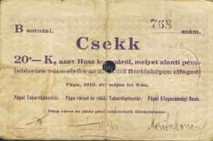 Pápa 1919. "Pápai csekk" 10K (2x), 20K (2x) lyukasztással érvénytelenítve T:III,III/IV
