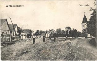 1912 Kálnó, Kalinovo (Losonc mellett); Fő utca, templom, gémeskút. Gandl Józsefné kiadása / main street, church, well pole (shadoof)