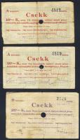 Pápa 1919. "Pápai csekk" 10K (2x) egyugrású sorszámmal, 20K (2x) lyukasztással érvénytelenítve T:III-,III-/IV