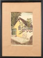 Paulovits Pál (1892-1975): Tabáni ház. Rézkarc, papír, jelzett, üvegezett keretben, kissé foltos, 29×21 cm