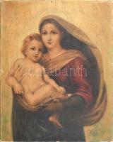 Jelzés nélkül, ismeretlen, feltehetően a XX. első felében működött festő másolata Raffaello (1483-1520) után: Madonna a kisdeddel. Olaj, vászon, sérült. 50x40 cm