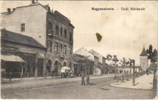 1917 Nagyszalonta, Salonta; Toldi Miklós tér, Schillinger Ferenc üzlete, Edison mozgó (mozi). Döme Károly kiadása / square, shops, cinema (fa)