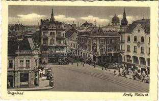 1943 Nagyvárad, Oradea; Horthy Miklós út, Pesti Magyar Kereskedelmi Bank, üzletek, zsinagóga / street view, bank, shops, synagogue (gyűrődés / crease)