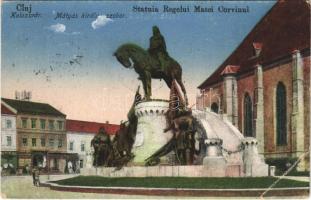 Kolozsvár, Cluj; Mátyás király szobor / Statuia Regelui Matei Corvinul / statue, monument + 1940 Kolozsvár visszatért So. Stpl. (EB)