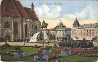 1915 Kolozsvár, Cluj; Mátyás király tér és szobor, Haraszthy Jenő üzlete. Fuhrmann Miklós kiadása / statue, shops (EK)