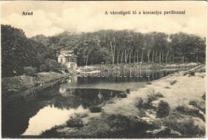 Arad, Városligeti tó a korcsolya pavilonnal. Kerpel Izsó kiadása / lake, skate hall (vágott / cut)