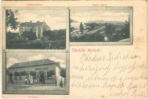 1899 Szob, Lujza intézet, látkép, vasútvonal, Fő utca, Hegedűs Lajos üzlete (vágott / cut)