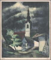 Kováts '930 jelzéssel: Templom. Színezett rézkarc, papír, jelzett, 26×21,5 cm