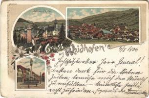 1900 Waidhofen an der Ybbs, Schloss, Kirche, Mariensäule, Stadtplatz / castle, church, monument, square. Regel & Krug No. 630. Art Nouveau, floral, litho (EK)