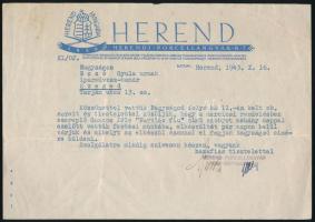 1943 Herend, Herendi Porcelángyár Rt. Bozó Gyulának címzett levele megrendeléssel kapcsolatban