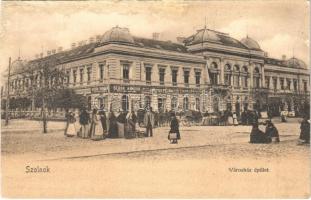 1904 Szolnok, Városháza, piac, Sebők Nándor, Konsitzky György, Fuchs Lipót és Fia üzlete és saját kiadása (r)