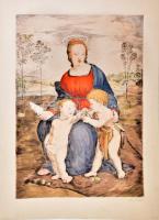 Prihoda István (1891-1965) metszése, Raffaello (1483-1520) után: Madonna a gyermekkel. Színezett rézkarc, papír, jelzés nélkül, 64×44,5 cm