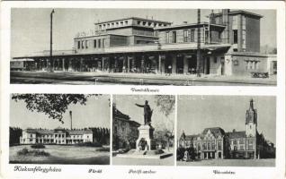 1943 Kiskunfélegyháza, Vasútállomás, vonat, fürdő, Petőfi szobor, Városháza (EK)