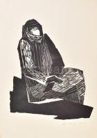 Makrisz Zizi (1924- ): Ülő alak. Linómetszet, papír, jelzett. Hátoldalán Rézkarcoló Művészek Alkotóközössége pecsétjével Lap széle kissé foltos. Lapméret: 43x30,5 cm