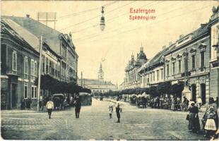 1911 Esztergom, Széchenyi tér, Kereskedelmi és Iparbank, Fonciere biztosító intézet, Oblatt Lajos üzlete, piac, gyógyszertár. W.L. Bp. 3574. (EK)