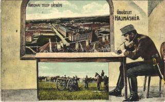 1911 Hajmáskér, Katonai telep látképe. Montázs levelet író katonával. Szelésy Mihály kiadása (EK)