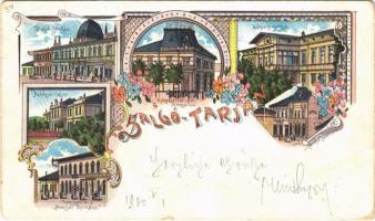 1900 Salgótarján, Huszár-féle ház, Acélgyári casino, Gyógyszertár a Magyar koronához és az őrangyalhoz, bányaigazgatóság, Korona szálloda. Art Nouveau, floral, litho (EK)