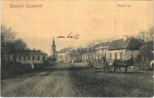 1909 Gyoma (Gyomaendrőd), Petőfi tér, lovaskocsik, templom. W.L. 1419.