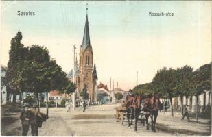 Szentes, Kossuth utca, templom, lovaskocsi. W.L. Bp. 3135. (?) Eisler Lajos kiadása (EK)