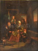 XVII. vagy XVIII. sz. holland festő alkotása, jelzés nélkül (Adrian van Ostade köre?): Család. Olaj, fatábla. Sérült. Fa keretben. 51x40,5 cm / XVII. or XVIII. century Dutch painter, unsigned (circle of Adriaen van Ostade?): Family. Oil on wood. Damaged. Framed. 51x40,5 cm