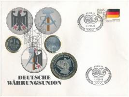 NSZK 1990J 1M Cu-Ni + NDK 1982A 1M Al + Németország 1990. Német egyesülés Cu-Ni kétoldalas emlékérem felbélyegzett, sorszámozott borítékban, bélyegzéssel T:1-2 GFR 1990J 1 Mark Cu-Ni + GDR 1982A 1 Mark Al + Germany 1990. German reunification Cu-Ni two-sided medallion in envelope with stamp, serial number and cancellation C:UNC-XF