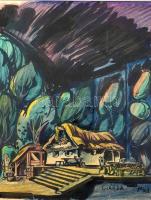Varga Mátyás (1910-2002): Kodály, Háry János (Szegedi Szabadtéri Játékok, díszletterv), 1961. Akvarell, papír, jelzett, üvegezett fa keretben, 42,5×33 cm