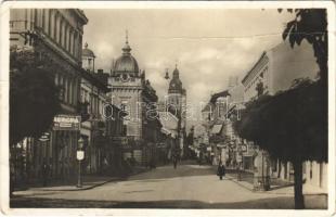 1935 Kassa, Kosice; Mlynská ul. / Mühlengasse / Malom utca, bank, gyógyszertár, üzletek / street view, bank, pharmacy, shops (fa)