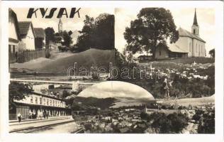 1950 Sároskőszeg, Kysak; vasútállomás, templom, látkép / railway station, church, general view (fa)