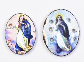 2 db Szűz Mária zománcozott fém medál, sérülésekkel, akasztó nélkül, 3×2 és 3,5×2,5 cm