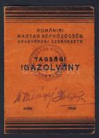 Arad 1942 Romániai Magyar Népköztársaság Szervezete tagsági igazolvány 7 db 10 lejes ajánlási jeggyel