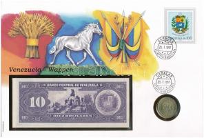 Venezuela Címer érmés és bankjegyes, pecsételt boríték benne 1989. 1B rozsdamentes acél érmével és 1995. 10B bankjeggyel a PHILSWISS kiadásában, német leírással T:1,I