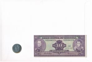 Venezuela "Címer" érmés és bankjegyes, pecsételt boríték benne 1989. 1B rozsdamentes acél ...