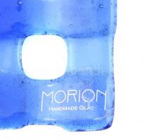 Morion kék rácsos üveg tál, matricával jelzett, hibátlan, 19,5×19,5 cm