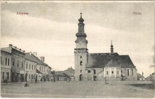 1912 Zólyom, Zvolen; Fő tér, templom, Schuster Kálmán üzlete / main square, shop, church