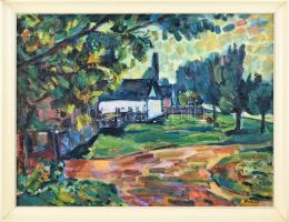 Monos József (1932-2013): Falusi délután. Olaj, farost, jelzett. Hátoldalán autográf felirattal és K...