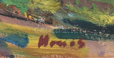 Monos József (1932-2013): Falusi délután. Olaj, farost, jelzett. Hátoldalán autográf felirattal és K...