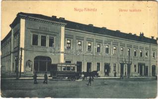 1908 Nagykikinda, Kikinda; Városi szálloda, lóvasút, Wolf M. József, Krisztoforovics M., Nedits M. és Schwarz Mihály üzlete. W.L. 617. / hotel, shops, horse-drawn tram