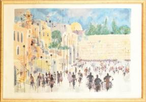 Shmuel (Alexander) Katz (1926-2010): Siratófal, Jeruzsálem. Szitanyomat, papír, jelzett. Művészpéldány A.P. 16/45 számozással. Üvegezett fa keretben, 60×80 cm