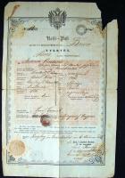 1854 Útlevél 30 kr szignettával Bars vármegye, sok pecséttel / Passport with 30 kr signetta Bars county