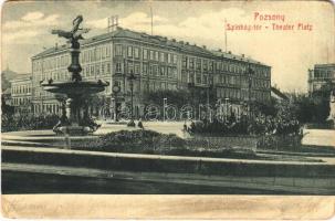 1911 Pozsony, Pressburg, Bratislava; Színház tér, szökőkút, Kozics Ede, Nemzeti Kávéház. W.L. Bp. 001. Josef Skoda / theatre, fountain, shops, cafe (EK)