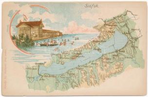 Siófok, Balaton térkép, fürdő. Károlyi Gy. kiadása, litho